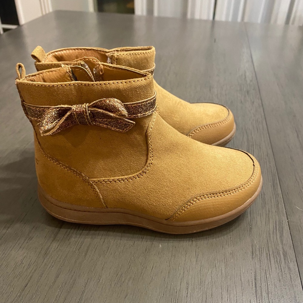 Stride Rite 360 Elaine Girls Size 9M Tan Faux Suede Glitter Bow Ankle Boots Wide